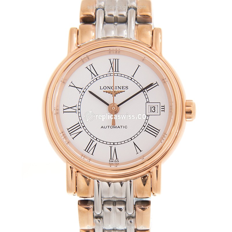 Longines Presence Replica - Automatic - 18kt Rose Gold & Steel Case - White Dial, Gold Clasp & Gold Strap
