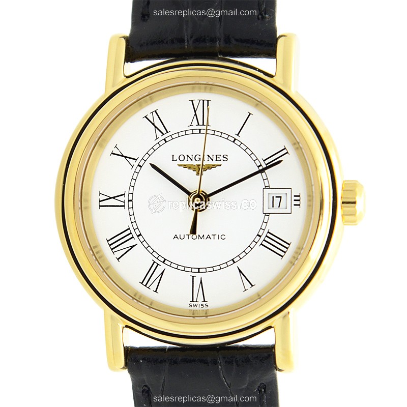 Longines Presence Replica - Automatic - Gold-Plated, Steel Case - White Dial, Black Leather Strap