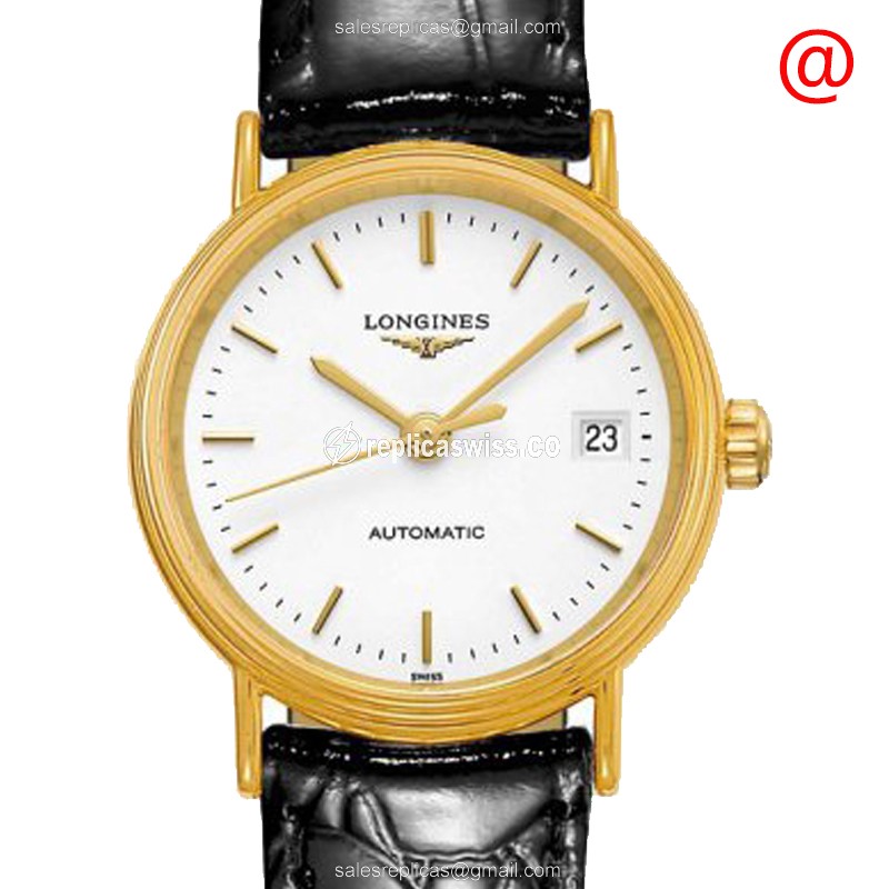 Longines Presence Replica - Automatic - PVD Gold - White Dial, Leather Strap - Luxury Replica PRESENCE Watch