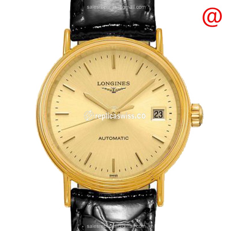 Longines Presence Replica - Automatic PVD Gold - Gold Dial - Leather Black Strap - Buckle Clasp - Luxury Replica PRESENCE Watch