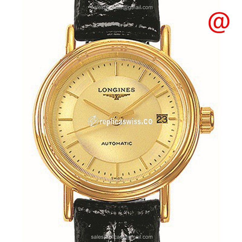 Longines Presence Replica - Automatic - Gold PVD Case - Gold Dial, Leather Strap