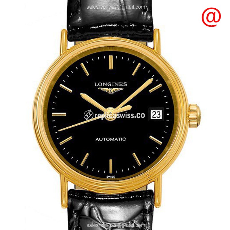 Longines Presence Replica - Automatic - PVD Gold - Black Dial, Leather Strap