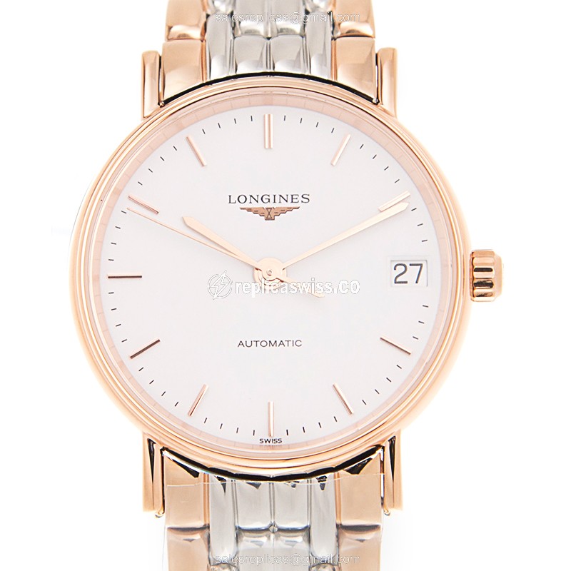 Longines Presence Replica - Automatic - White Dial - 18kt Rose Gold Case & Steel Strap - Luxury  Watch