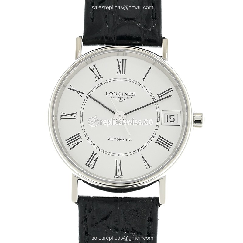 Longines Presence Replica - Automatic - Steel Case - White Dial, Leather Strap - Luxury Replica PRESENCE Watch