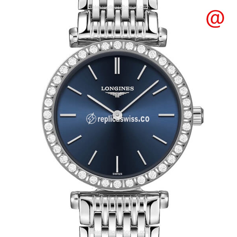 Longines LA GRANDE Quartz - Stainless Steel Case, Blue Dial, Diamond Bezel, Silver Clasp - Luxury  Watch
