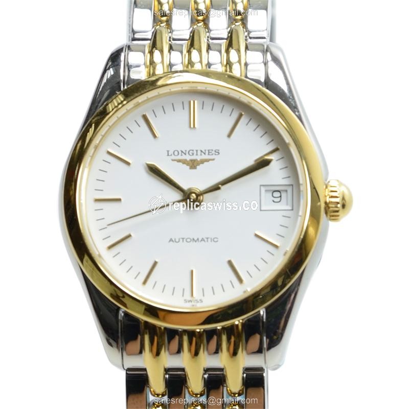 Longines L4.398.3.12.7 Replica - Automatic - Gold PVD - White Dial, Silver Strap - Luxury Replica ELEGANT SERIES Watch