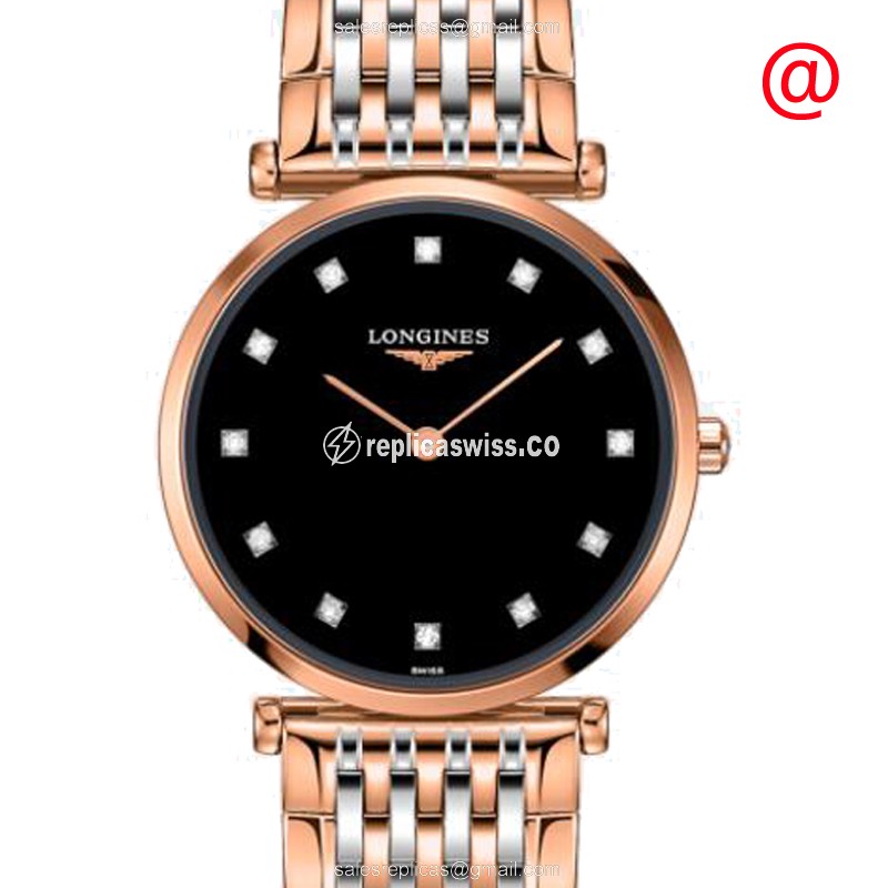 Longines LA GRANDE Quartz Replica - 18kt Rose Gold Case - Black Dial on Gold Steel Strap