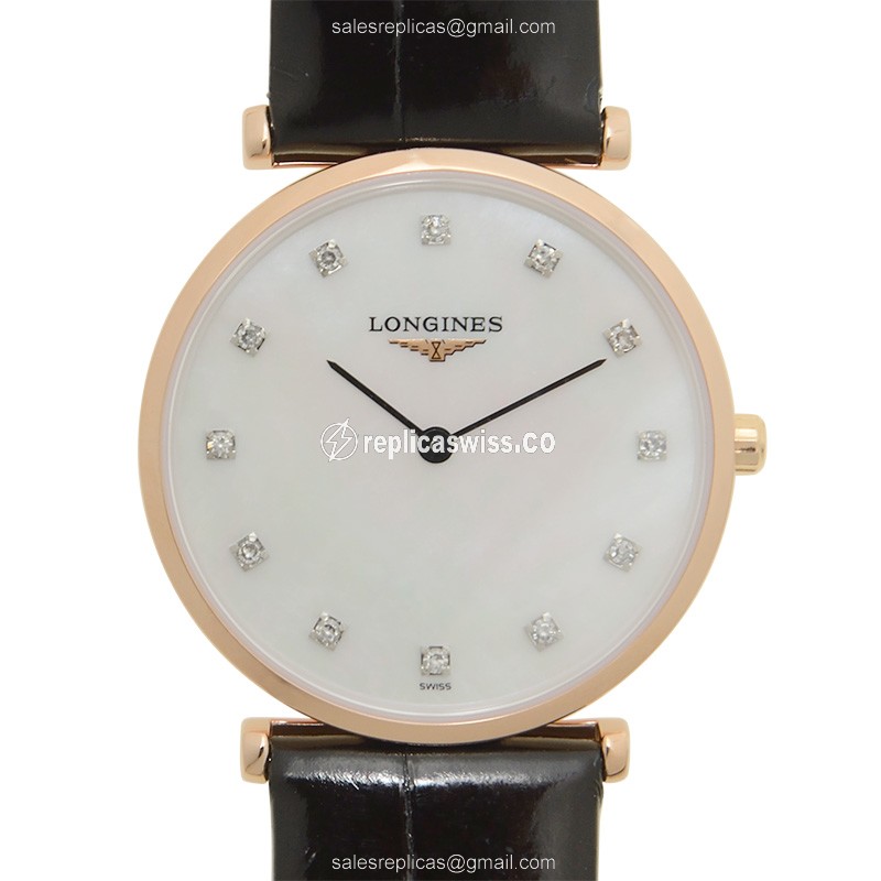 Longines LA GRANDE Replica - Quartz - 18kt Rose Gold - White Dial, Buckle Clasp, Black Alligator Strap