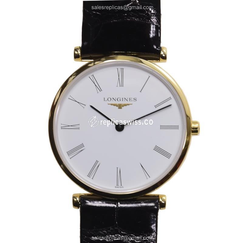 Longines L4.512.2.11.2 Replica - Quartz - PVD Gold Case - White Dial on Black Leather Strap - Luxury  Watch