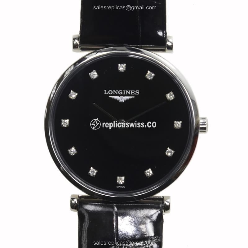 Longines LA GRANDE Replica - Quartz - Stainless Steel - Black Dial - Leather Strap - Buckle Clasp - Luxury Replica LA GRANDE Watch