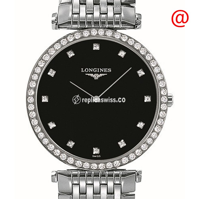 Longines LA GRANDE Quartz - Stainless Steel Case, Black Dial, Diamond Bezels, Silver Clasp - Luxury  Watch