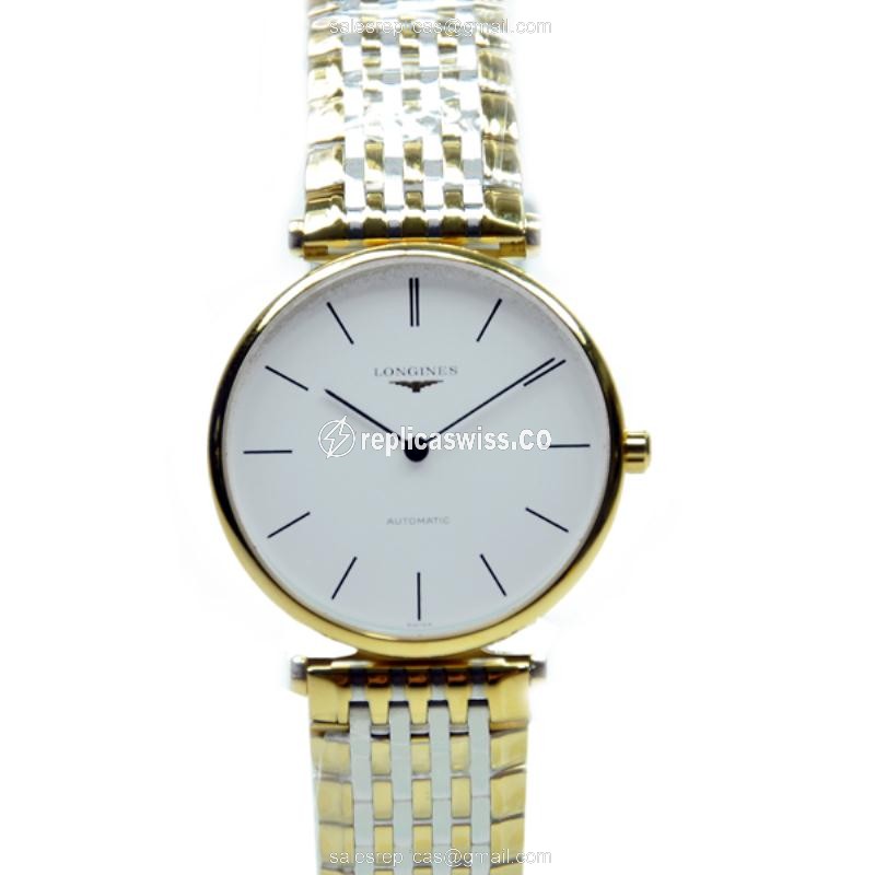 Longines LA GRANDE Replica - Automatic - 18kt Gold Case - White Dial, Silver Clasp & PVD Gold Strap - Luxury Replica LA GRANDE Watch