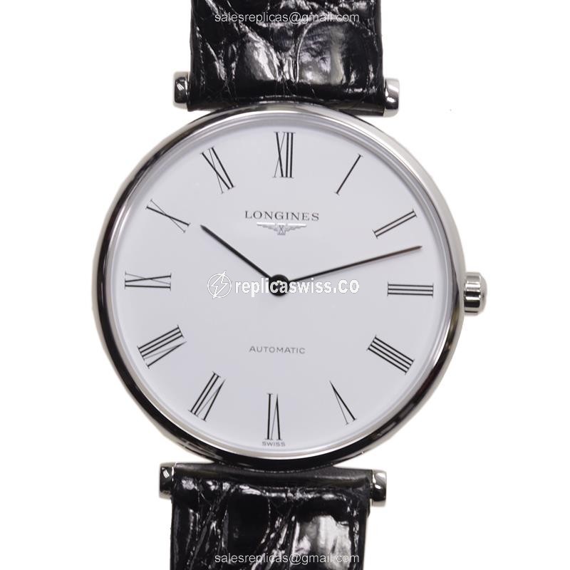 Longines LA GRANDE Replica - Automatic - Stainless Steel - White Dial, Black Leather Strap