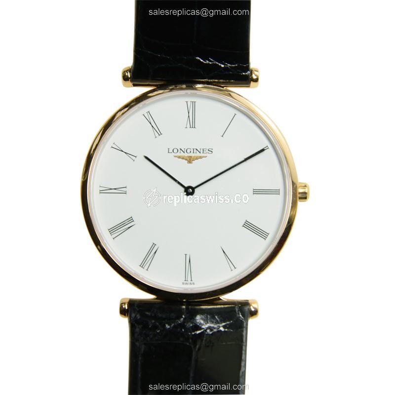 Longines L4.709.1.11.2 Replica - Quartz - 18kt Rose Gold Case - White Dial on Black Alligator Strap