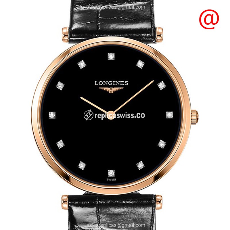 Longines LA GRANDE Replica - Quartz - 18kt Rose Gold - Black Dial, Leather Strap