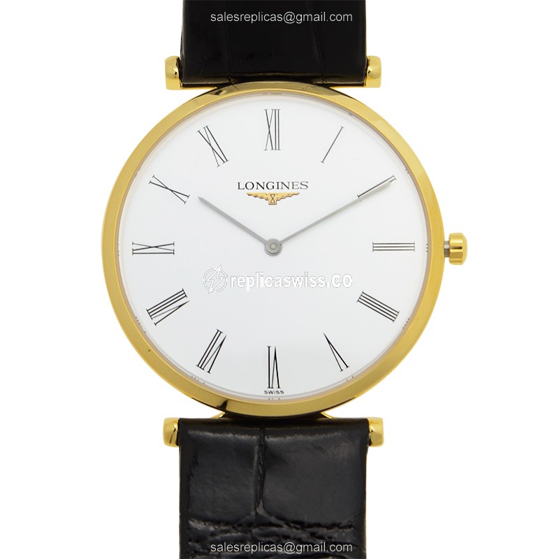 Longines L4.709.2.11.2 Replica - Quartz - PVD Gold Case - White Dial on Black Alligator Strap - Luxury Replica LA GRANDE Watch