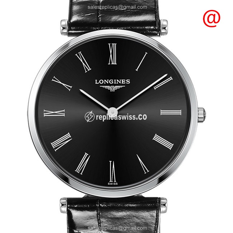 Longines LA GRANDE Quartz - Stainless Steel Case, Black Dial, Leather Strap, Buckle Clasp