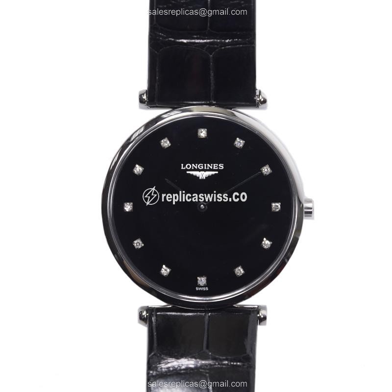 Longines L4.709.4.58.2 Replica - Quartz - Stainless Steel Case - Black Dial on Black Alligator Strap - Luxury Replica LA GRANDE Watch
