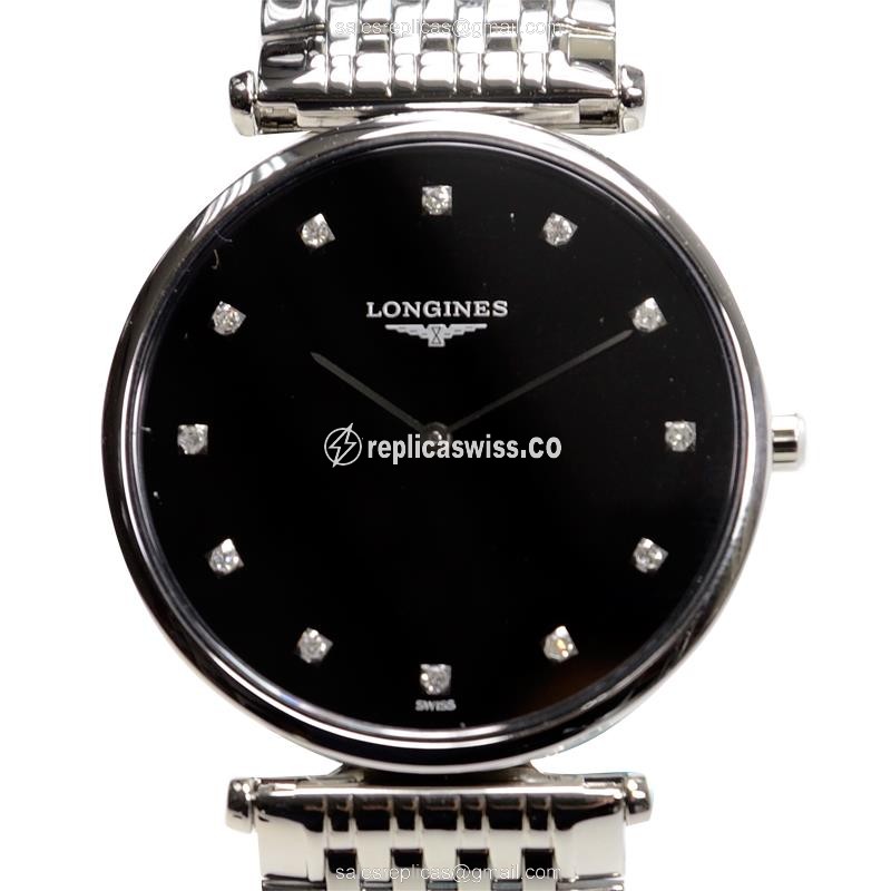 Longines L4.709.4.58.6 Replica - Quartz - Stainless Steel - Black Dial on Silver Strap - Luxury Replica LA GRANDE Watch