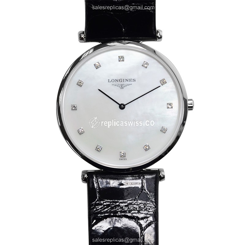 Longines LA GRANDE Replica - Quartz - Stainless Steel Case - White Dial on Black Alligator Strap - Luxury Replica LA GRANDE Watch