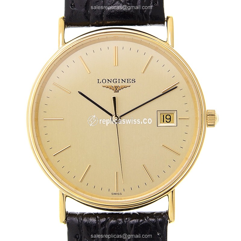 Longines Presence Replica - Quartz - Gold-Plated - Steel Case - Black Dial - Alligator Strap - Luxury Replica PRESENCE Watch