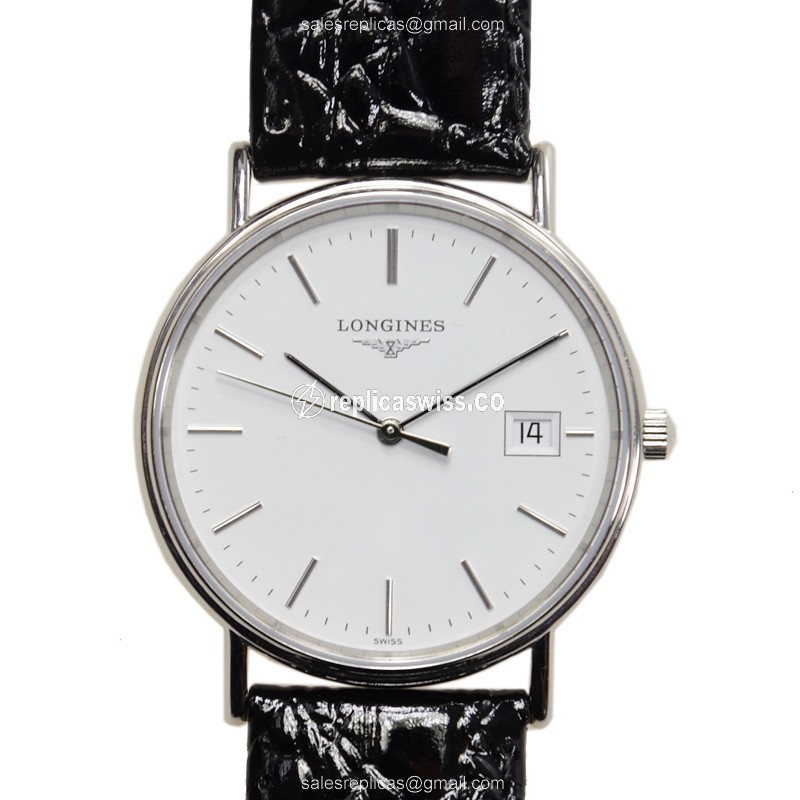 Longines Presence Quartz - White Dial - Steel Case - Black Leather Strap - Buckle Clasp - Luxury Replica PRESENCE Watch