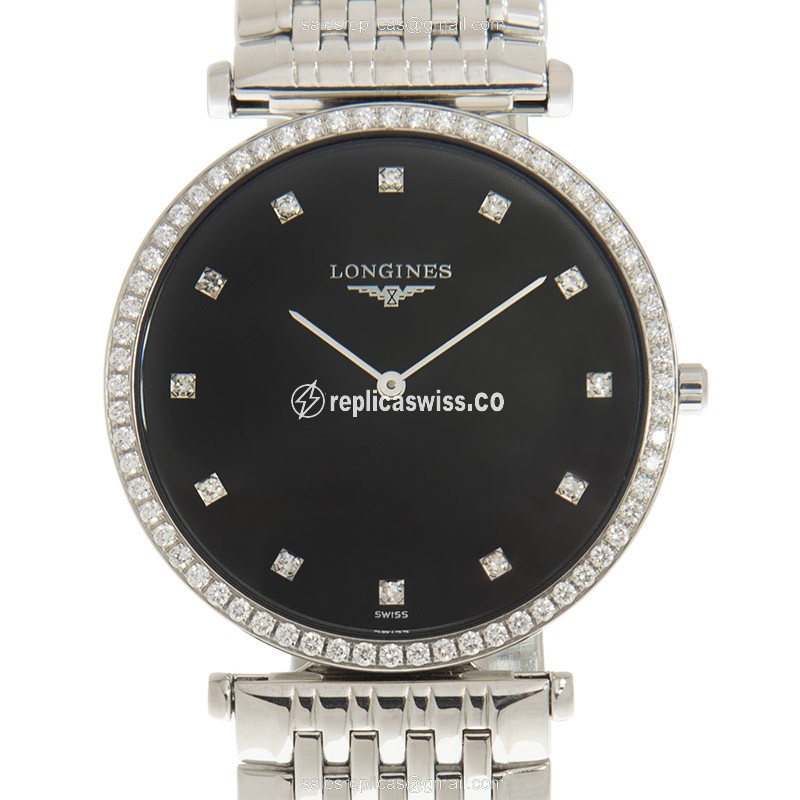 Longines LA GRANDE Replica - Quartz - Stainless Steel - Black Dial, Diamond Case