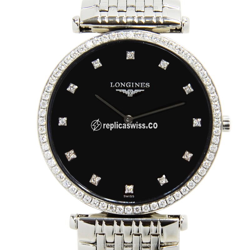 Longines LA GRANDE Quartz - Diamond Dial - Stainless Steel - Black - Steel Strap - Luxury Replica LA GRANDE Watch