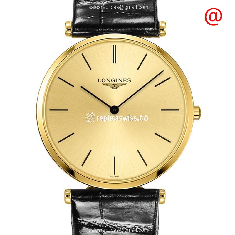 Longines L4.755.2.32.2 Replica - Quartz - PVD Gold Case, Gold Dial - Buckle, Black Leather Strap