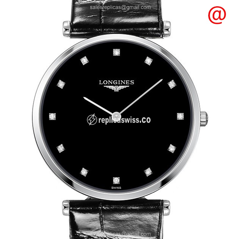 Longines LA GRANDE Quartz - Stainless Steel Case, Black Dial, Leather Strap - Luxury  Watch