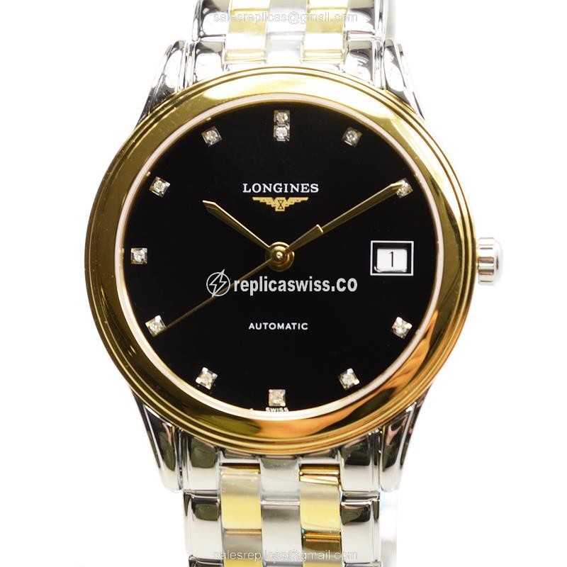 Longines L4.774.3.57.7 Replica - Automatic - 18kt Gold Case - Black Dial - Silver Clasp