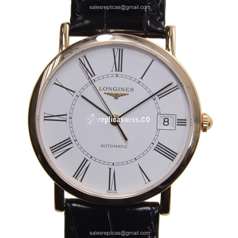 Longines Presence Replica - Automatic - 18kt Rose Gold Case - White Dial, Alligator Strap