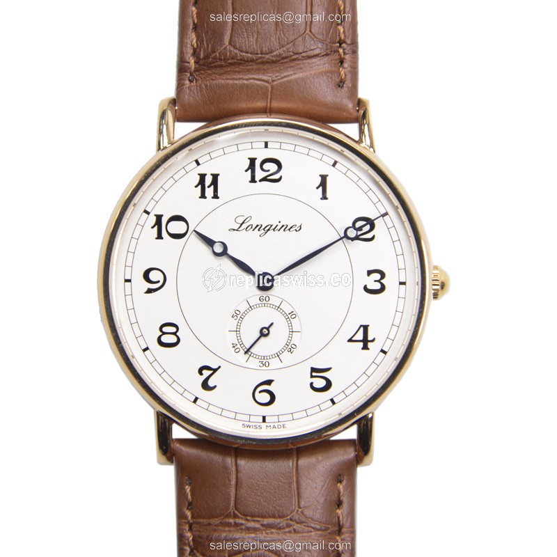 Longines Heritage Classic Replica - Automatic - 18kt Rose Gold - White Dial - Brown Alligator Strap