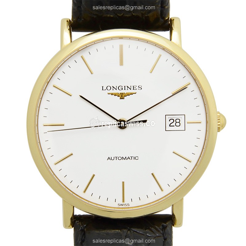 Longines L4.787.6.12.2 Replica - Automatic - 18kt Yellow Gold - White Dial, Alligator Strap