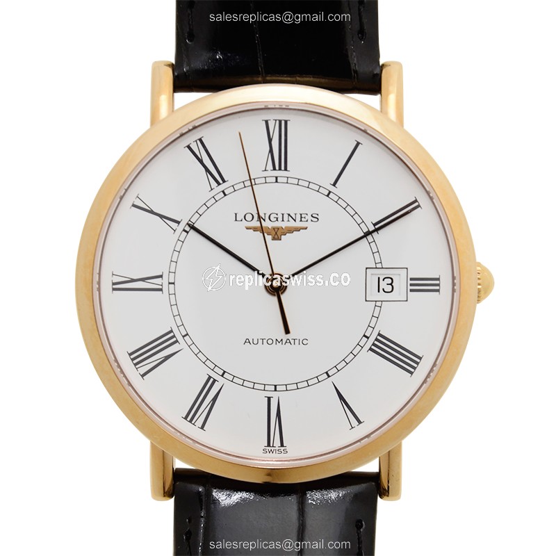 Longines Presence Replica - Automatic - 18kt Rose Gold - White Dial - Black Alligator Strap
