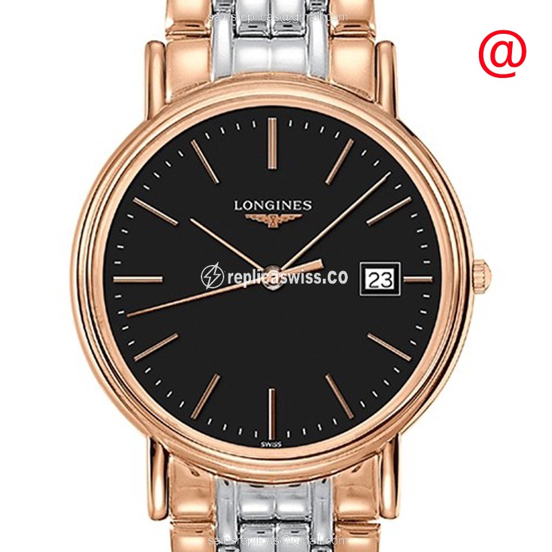 Longines PRESENCE Replica - Quartz - 18kt Rose Gold/Steel - Black Dial - Steel Clasp
