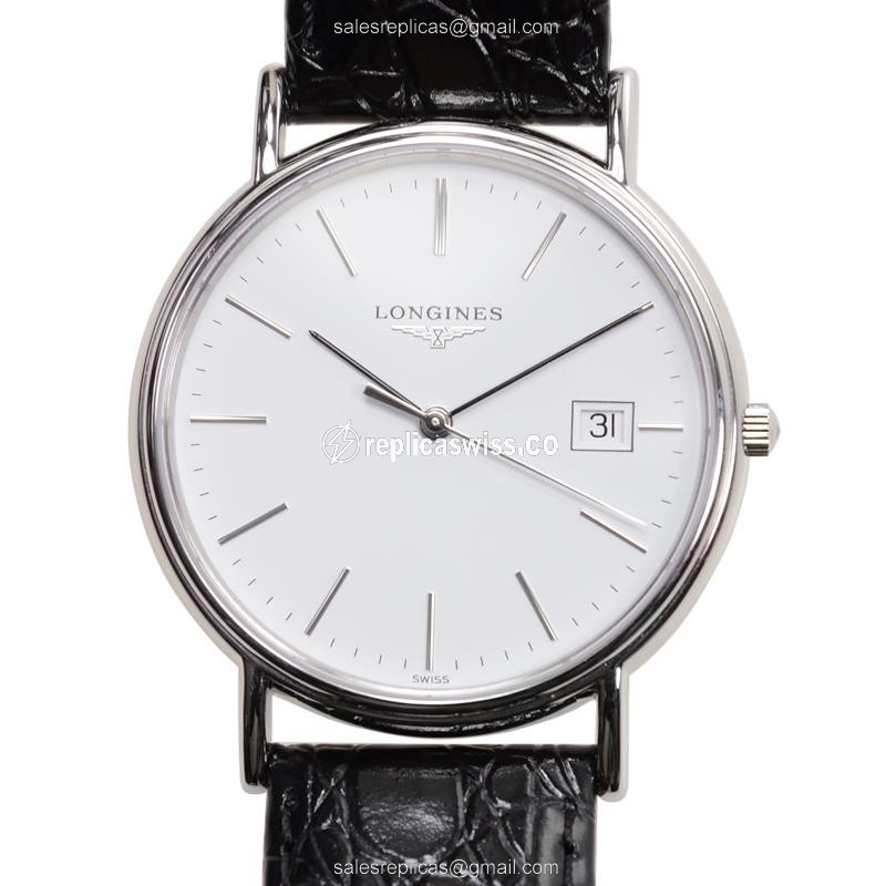 Longines Presence Replica - Quartz - Stainless Steel - White Dial, Black Alligator Strap - Luxury Replica PRESENCE Watch