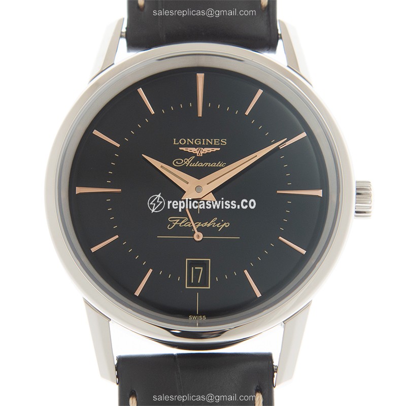 Longines Heritage Replica - Automatic - Steel Case - Black Dial, Leather Strap - Luxury Replica HERITAGE Watch