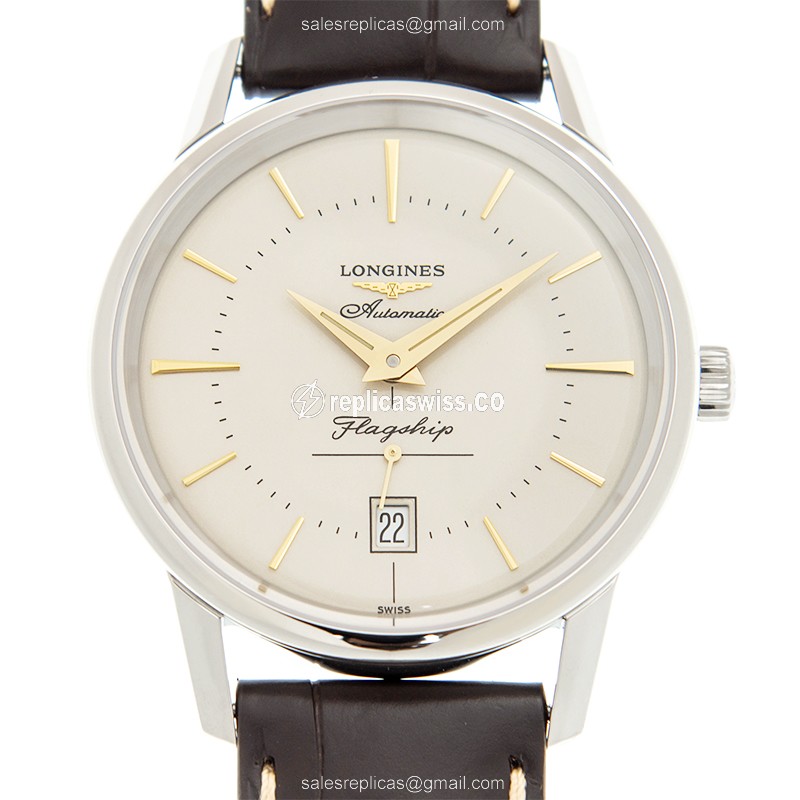 Longines Heritage Replica - Automatic - Stainless Steel - Silver Dial, Brown Alligator Strap - Luxury Replica HERITAGE Watch