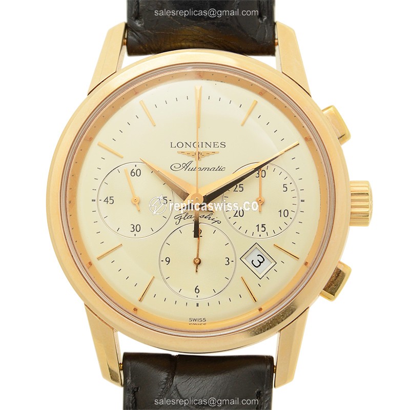 Longines Heritage Replica - Automatic - Rose Gold - White Dial, Alligator Strap - Luxury Replica HERITAGE Watch