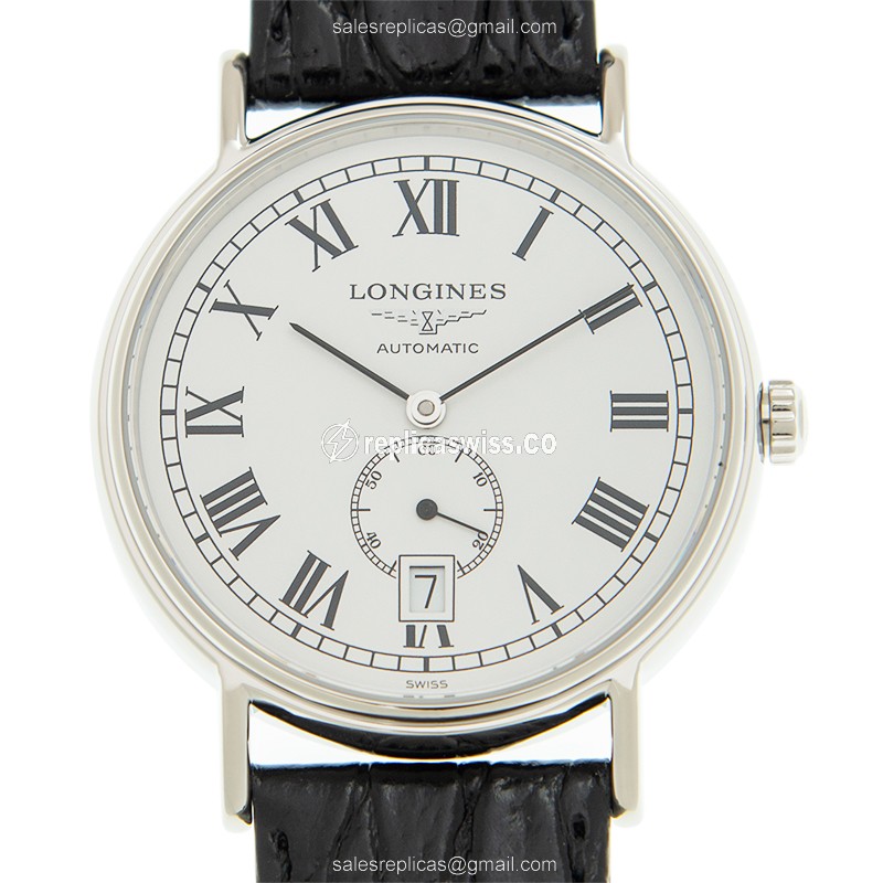 Longines Presence Replica - Automatic - Steel Case, White Dial on Black Leather Strap
