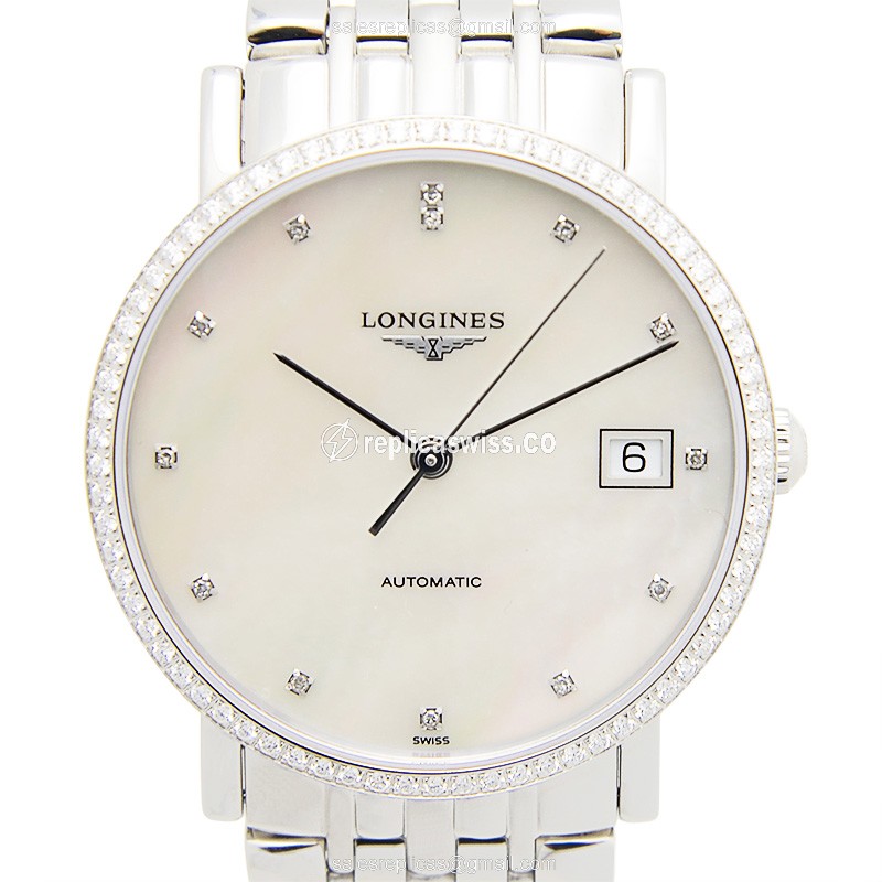 Longines Elegant Replica - Automatic - White Dial - Steel Case & Diamonds - Silver Strap
