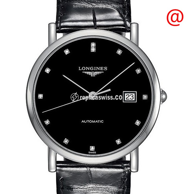 Longines L4.809.4.57.2 Replica - Automatic - Steel Case - Black Dial on Leather Strap - Luxury Replica ELEGANT Watch