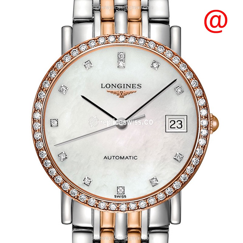 Longines Elegant Replica - Auto - 18kt Rose Gold - Diamond Bezel - White Dial - Gold Steel Strap - Luxury Replica ELEGANT Watch
