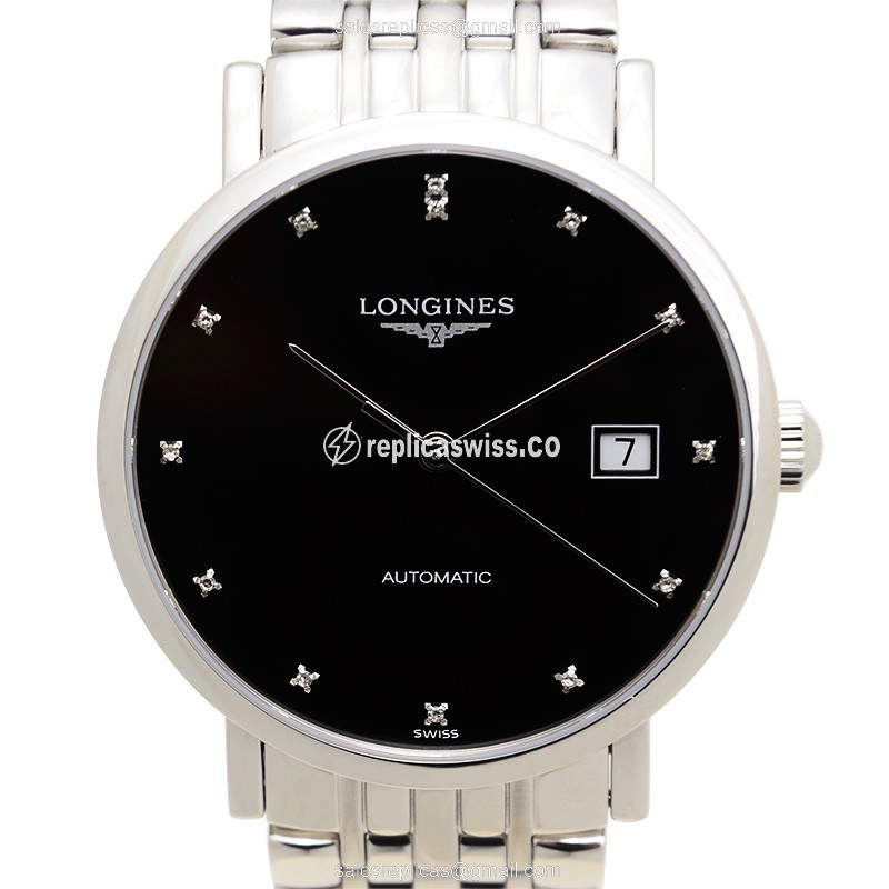 Longines ELEGANT Replica - Automatic - Steel Case - Black Dial - Silver Strap - Luxury Longines Replica Watch