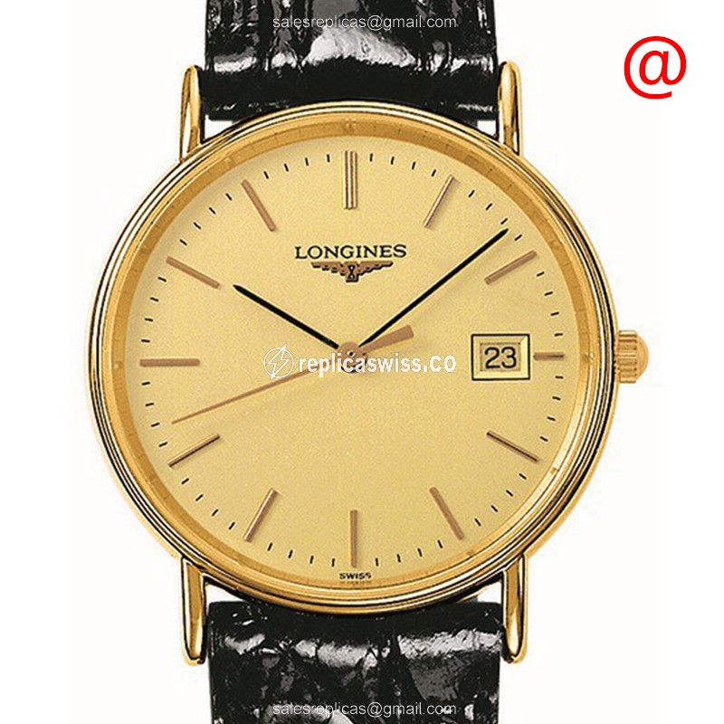 Longines Presence Quartz Gold PVD - Gold Dial - Leather Black Strap - Buckle Clasp - Luxury Replica PRESENCE Watch