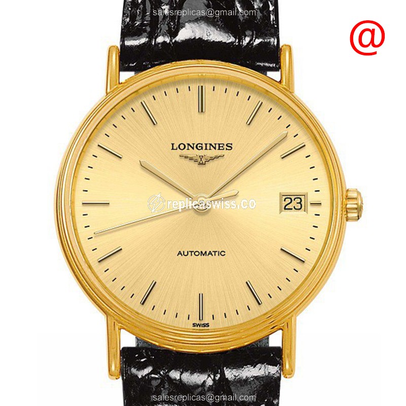 Longines Presence Replica: Gold PVD Case, Automatic, Gold Dial on Black Leather Strap