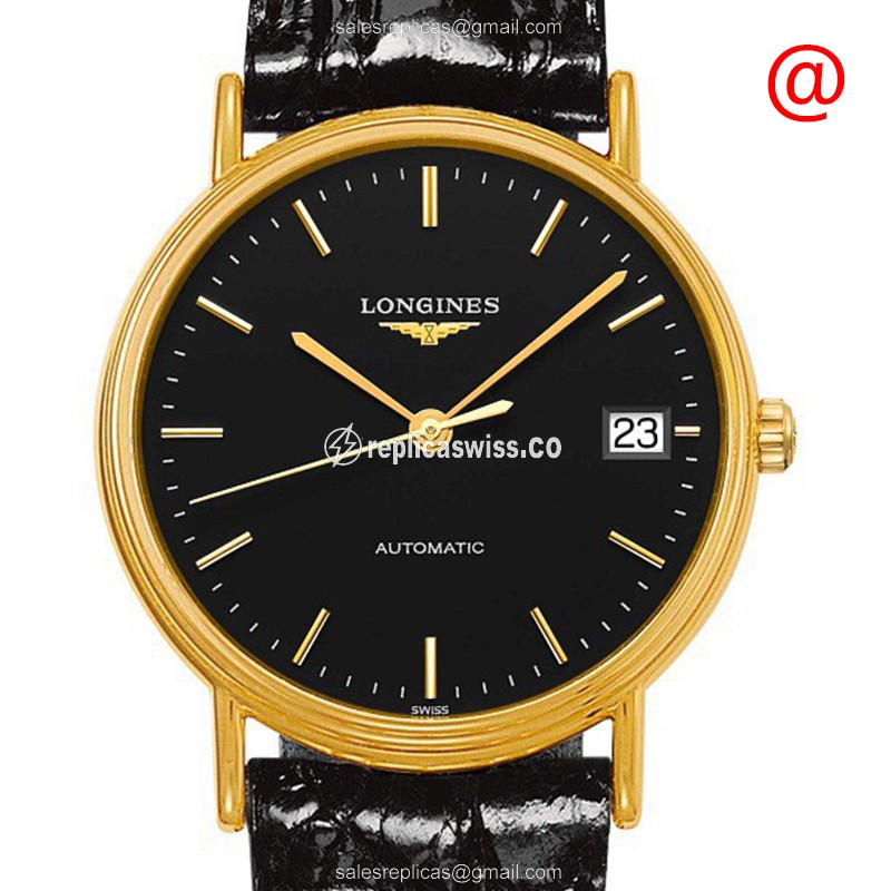 Longines Presence Replica - Automatic PVD Gold - Black Dial, Leather Strap