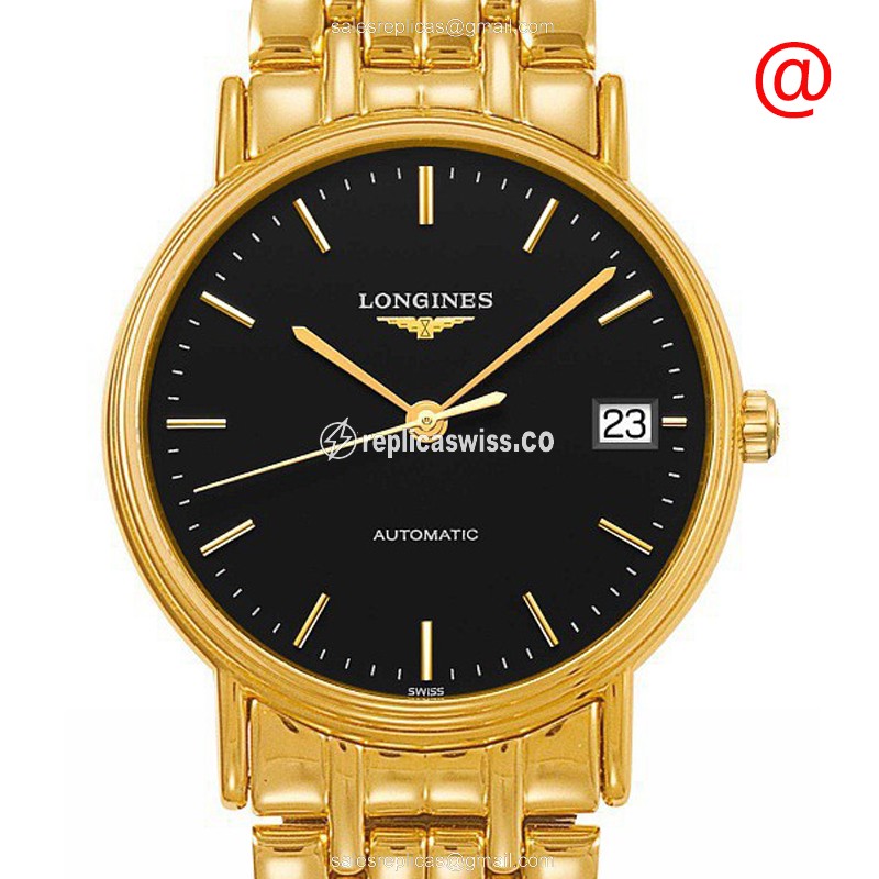 Longines Presence Replica - Automatic - Gold PVD Case - Black Dial, Gold PVD Gold Strap