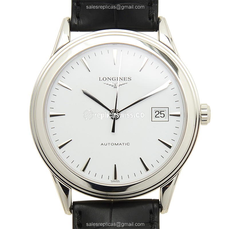 Longines Flagship Replica - Automatic - White Dial - Steel Case - Black Alligator Buckle